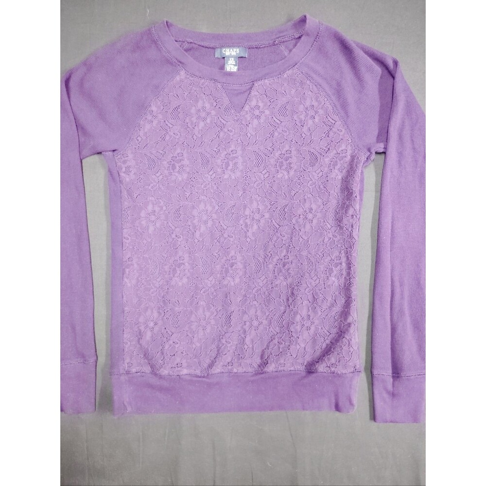 Chaps Eggplant Purple Knit Sweater with Cute Embroidered Lace Front